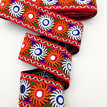 Black Cotton Fabric Trim with Multicolor Embroidery and Real Mirror, Kutch Embroidery Trim, Mirror Lace